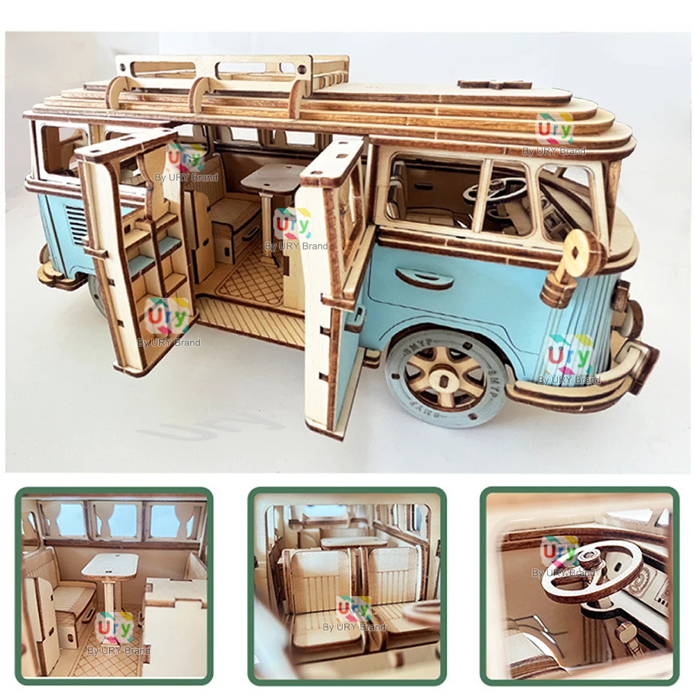 Wooden Puzzle Toys 3D Retro Camping Car Bus Assembly Model for Kid Adult