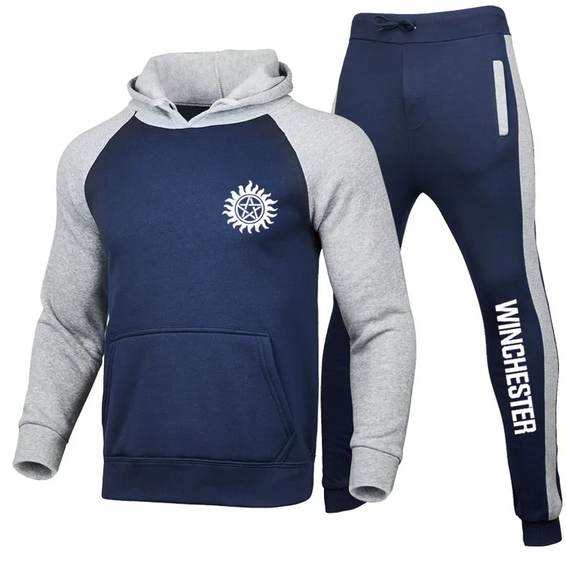 

2022 Trend Men's Suit Pullover + Pants 2 Piece Winchester logo print High Quality Fleece Contrast Color New Men's Sweatshirt Set