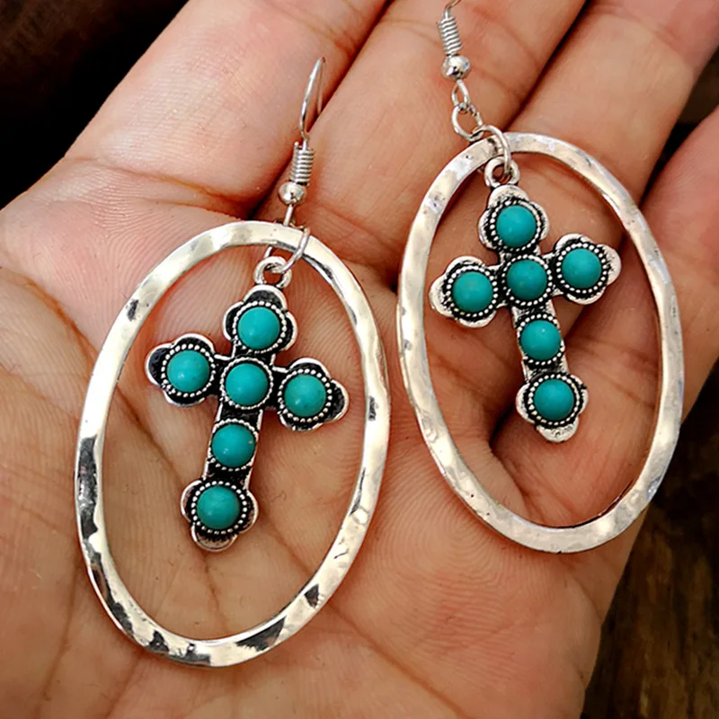Fashion Boho Cross Turquoises Crochet Earrings For Women 2020 Vintage Large Oval Statement Earring Best Gift Jewelry Indian D375 | Украшения
