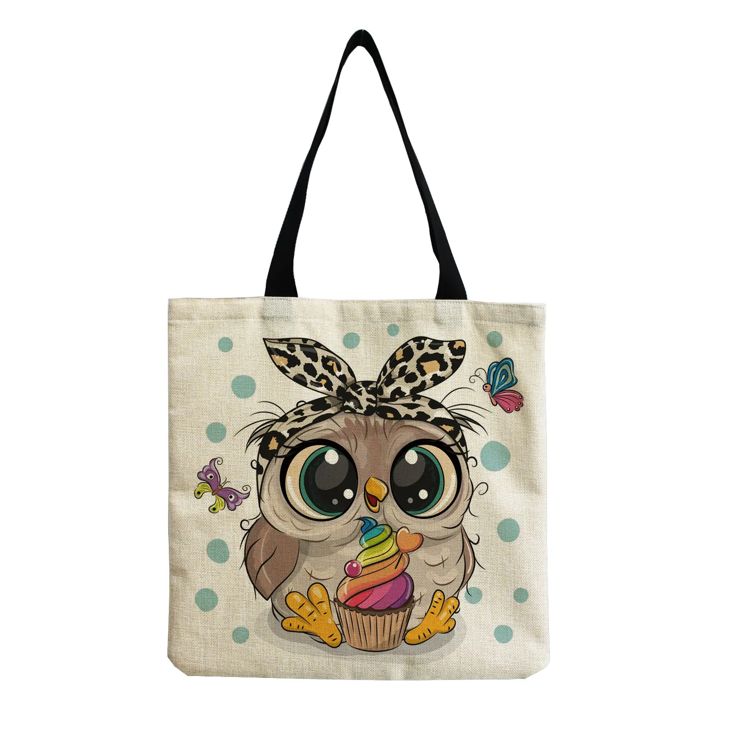 Portable Large Capacity Black Female Shopper Bags Sheep Floral Cartoon Printed Tote Personality Cute Animal Simple Size Handbag 