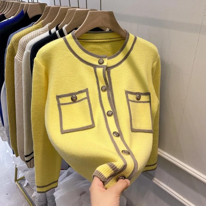 

Women's Autumn Winter Fashion Elegant Round Neck Button Contrast Color Versatile Long Sleeve Loose Sweater Knitted Cardigan Tops