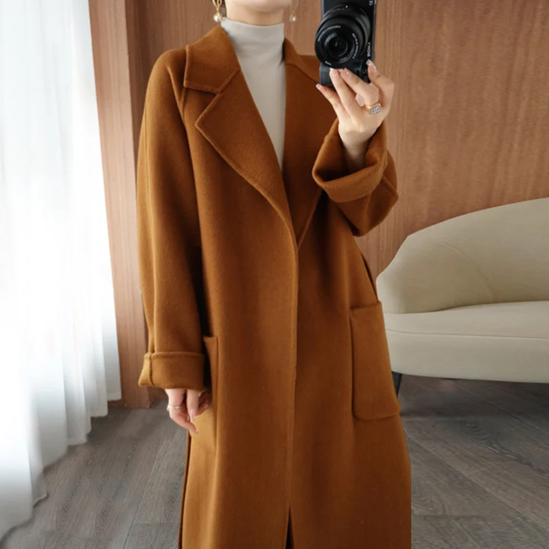 Double-Sided Cashmere Coat for Women, Long Loose Overcoat, Lace-Up Jacket, Female Outwear, 100% Wool, Autumn, Winter, New, 2023