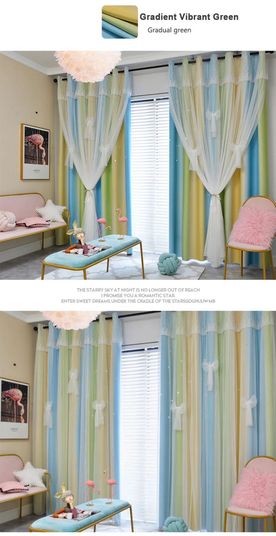 MIDSUM Bedroom Curtains Cloth Tulle Double Layer Drapes Hollow Star Decoration Window Blue Pink Gradient Curtain For Living Room