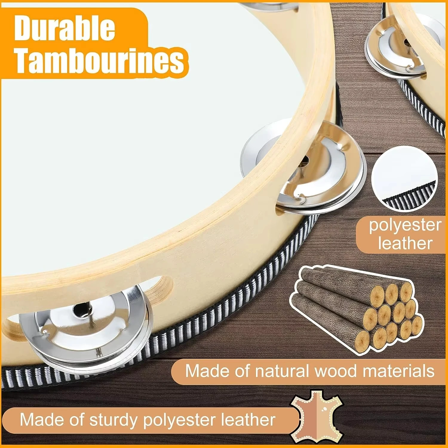 1Pcs Wooden Tambourine 4/6/8/10-Inch White Rim with Metal Jingles Musical Percussion Instrument for Concert Church Party hand tambourine
