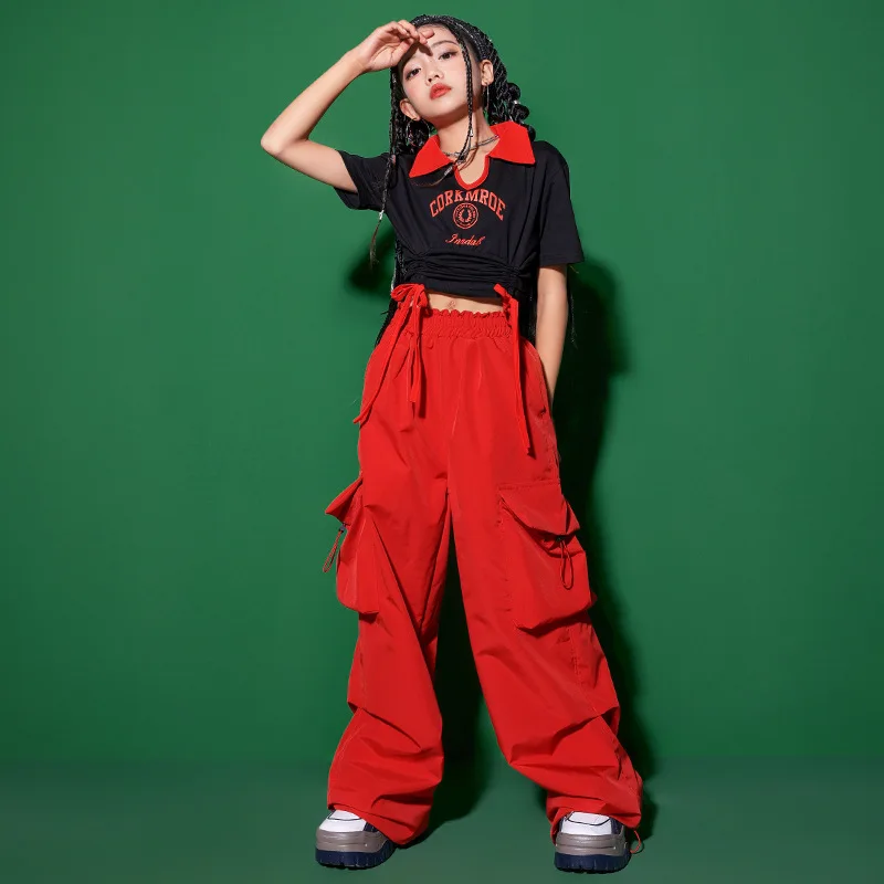 Укороченный топ для девочек в стиле хип-хоп, красные брюки-карго, танцевальный костюм, детская рубашка-поло, джоггеры, уличная одежда, одежда для джазовых танцев, уличная одежда