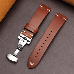Vintage Oil Wax Leather Watch Band with Butterfly Buckle and Stitching Detail - Classic Cowhide Strap - 22mm (LightBrown - Silver)