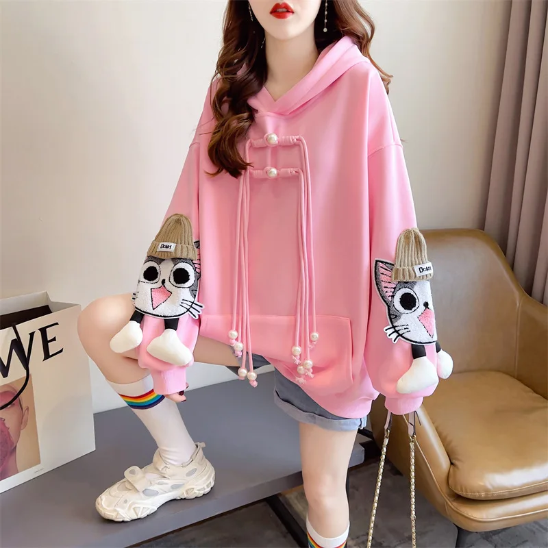 

Women's Oversized Hooded Sweatshirt, Korean Version, Loose, Large Size, Thin, Cute, Student, Pullover, Early Spring, Autumn