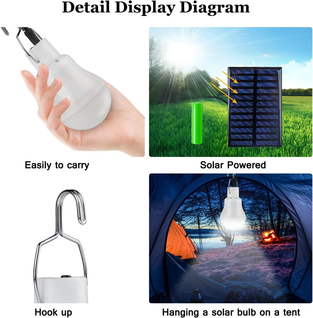 Solar Powered Lamp Portable Led Bulb Lights Rechargeable Camp Tent Night Fishing Emergency Solar Energy Panel Sunlight