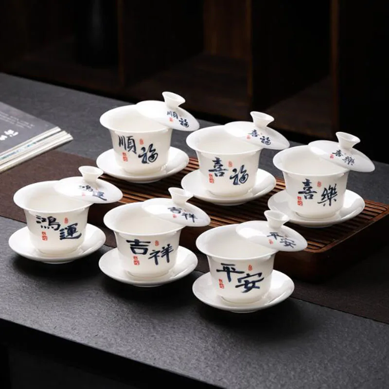 Chinese Style White Jade Porcelain Sancai Gaiwan Kungfu Tea Bowl Tea Tureen Household Kitchen Teaware Drinking Accessories