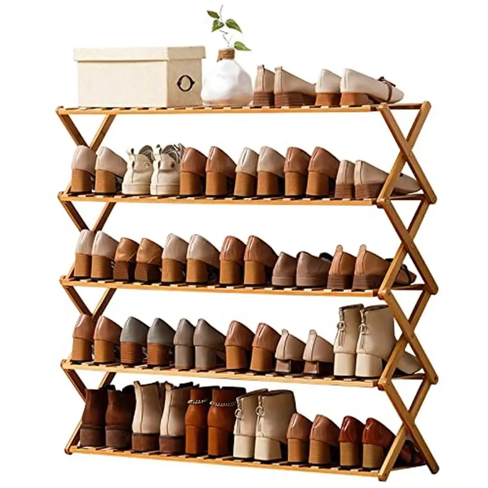 

5 Tier Bamboo Shoe Rack Closet Organizer Portable Lightweight Foldable Hallway Entryway Living Room Storage Shelf 40"D x 9.8"W x