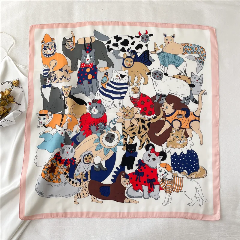 Cartoon Cat Square Imitation Silk Scarf Spring and Summer Head Wrap For Women Multifunction  Neckerchief 2