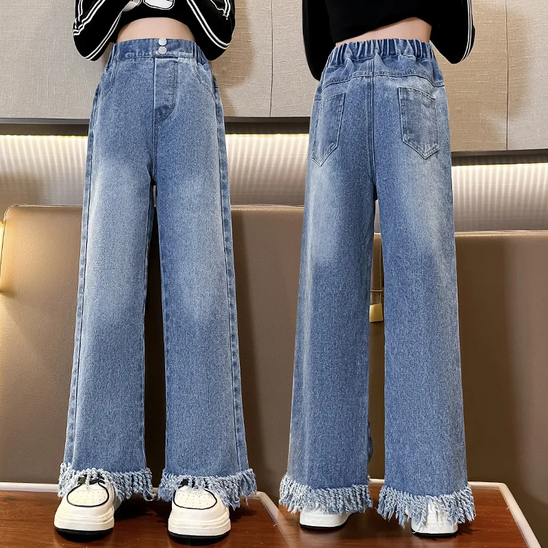 Teen Girls Wide Leg Pants for Korean Straight Fashion Tassel Design Spring Fall Hot Sales Children Vintage Denim Trousers 10 12Y