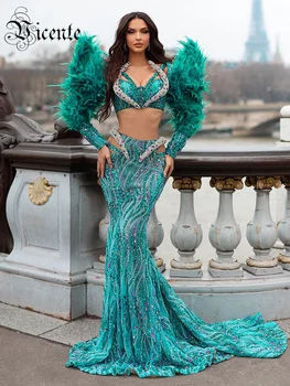 VC 여성용 긴팔 스팽글 드레스, 특별 이벤트용 럭셔리 깃털 드레스, 맥시 인어 가운