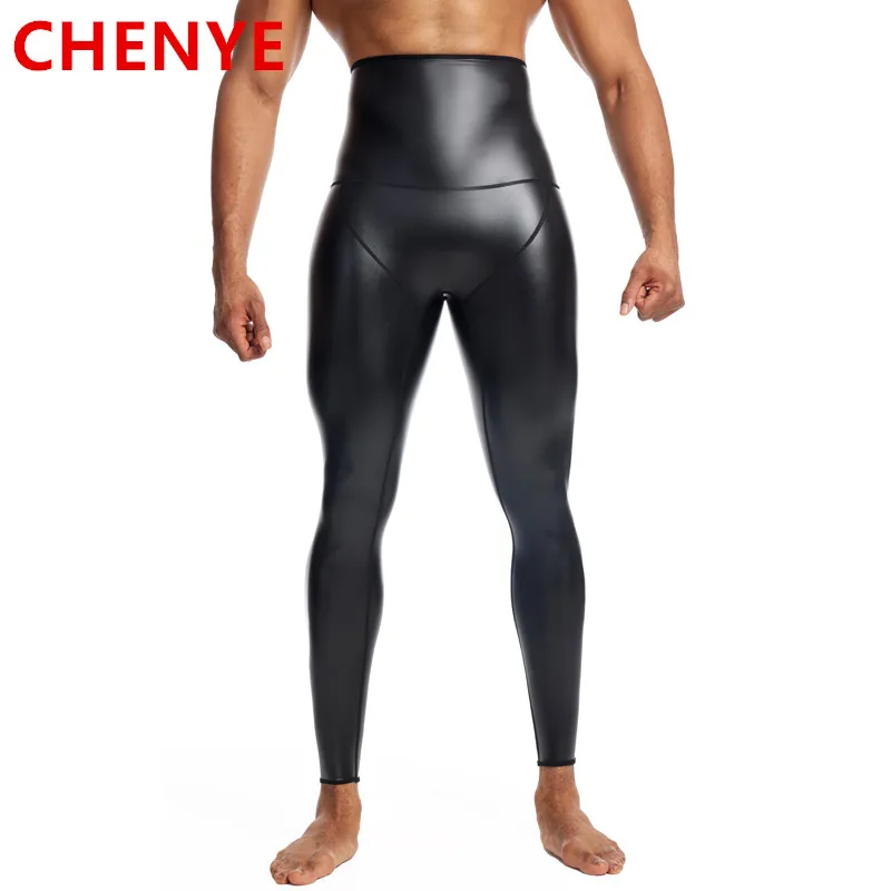 Mens Black High Waist Leather Pants Body Shaper Waist Trainer Shapers Control Panties Compression Underwear Fitness Shaper Pants
