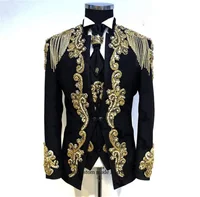 Luxury Appliques Men Suits Customized Dinner Prom Blazer Vest Pants Outfit Stand Collar Groom Tuxedos Slim Fit Costume Homme 1