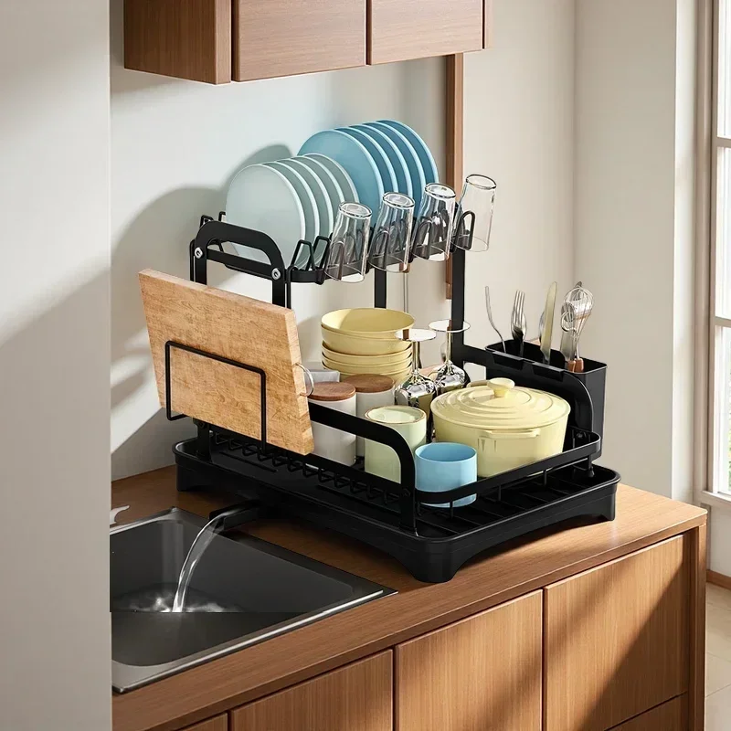 Kitchen Bowl Rack Household Countertop Anti-rust Countertop Double-layer Drain Bowl Rack Multi-function Dish Storage Rack