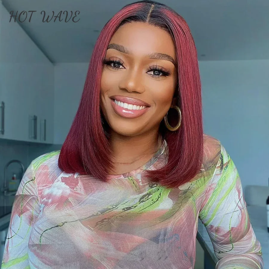 

1B Burgundy 13x4 Lace Front Wigs Human Hair 180%Density Pre Plucked With Baby Hair Red Short Straight Bob Frontal Wigs For Women