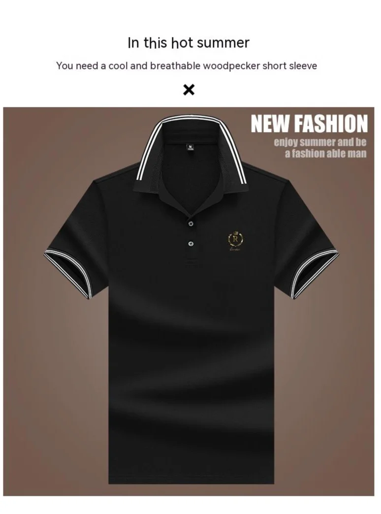 Woodpecker Summer Half Sleeve Men's Solid Color Business Casual Printing Middle Youth Polo Shirt Fashion Casual Top T-shirt_voghion.com
