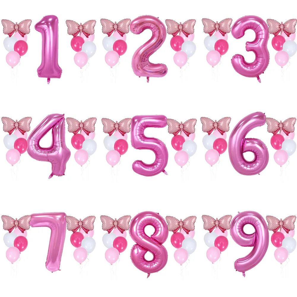 

12pcs 40 Inch Pink Number Balloon 10inch Pink White Latex Balloons Hot Pink Bow Balloons for Girls Birthday Party Decoration
