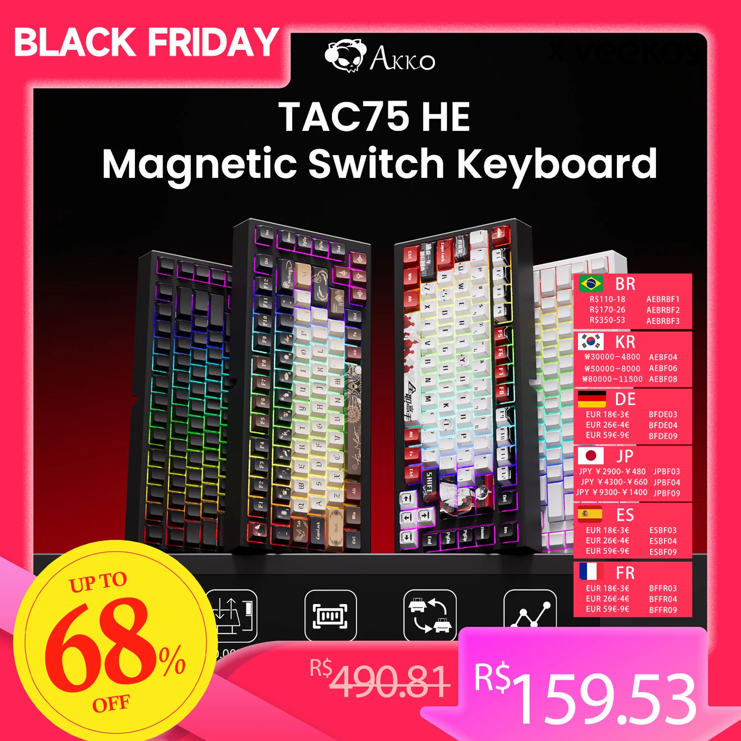 AKKO TAC75 HE Magnetic Switch Keyboard 75% Gaming Keyboards Rapid Trigger 0.005mm 8K RGB Wired Esports Custom Keyboard for Gamer