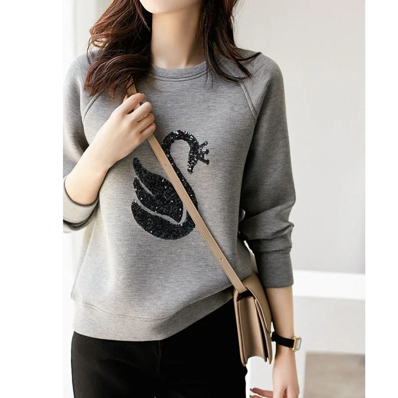 Fashion Women's Sequined Spliced Solid Pullovers Autumn Winter Korean All-match Round Neck Loose Sweatshirts Female Clothing
