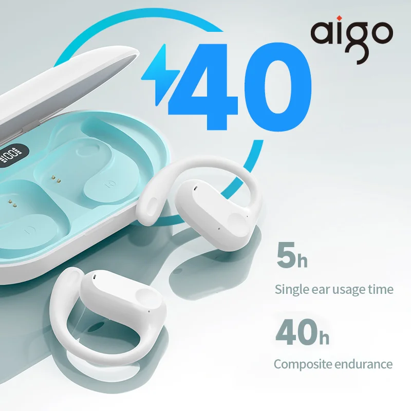 Aigo TG330 이어 후크 스포츠 이어폰, 무선 블루투스 5.4 헤드셋, 긴 지구력 HD 귀 걸이형 오픈 웨어러블 헤드폰