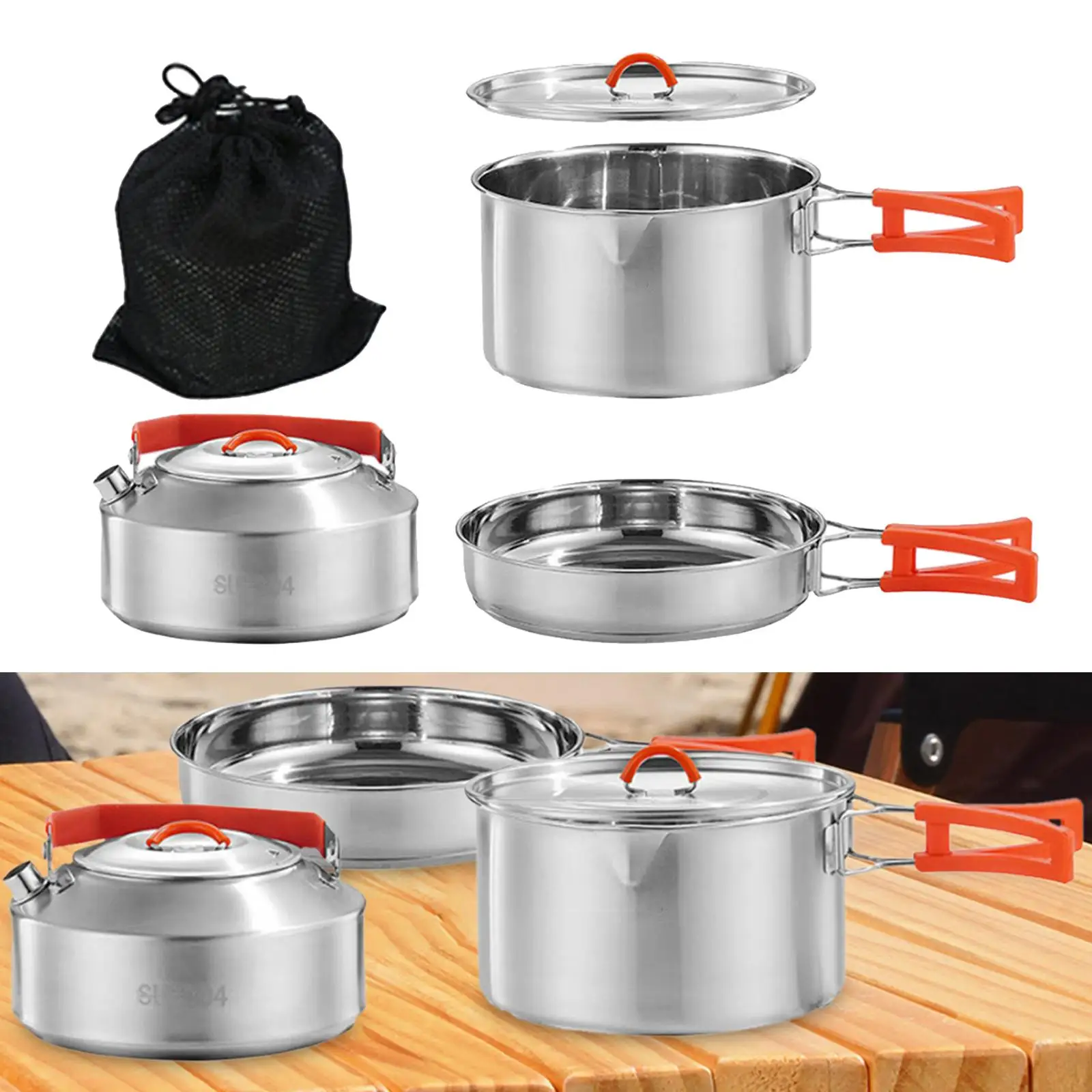 Camping Cookware Stainless Steel with Folding Handles Portable 3Pcs/Set Camping