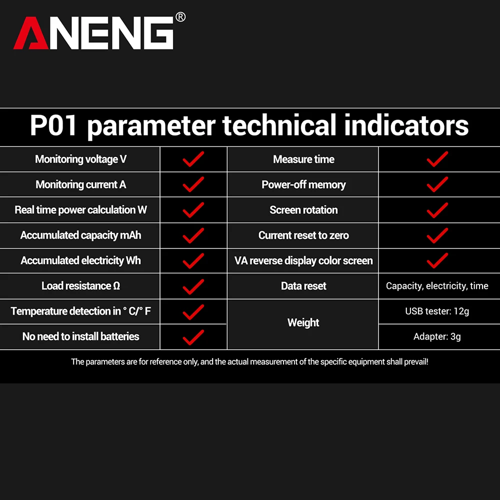 ANENG P01 DC 4-30V USB Digitaler Spannungstester mit Ausschalt-Speicherfunktion Schnellladungs-Spannungs-Strom-Kapazitäts-Tester – Detail 13