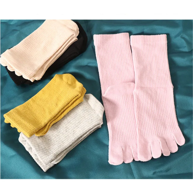 5 Pairs Womans Five Finger Socks Middle Tube Striped Solid Cotton Sock Korean Style Young Fashion Compression Sport Toe Socks