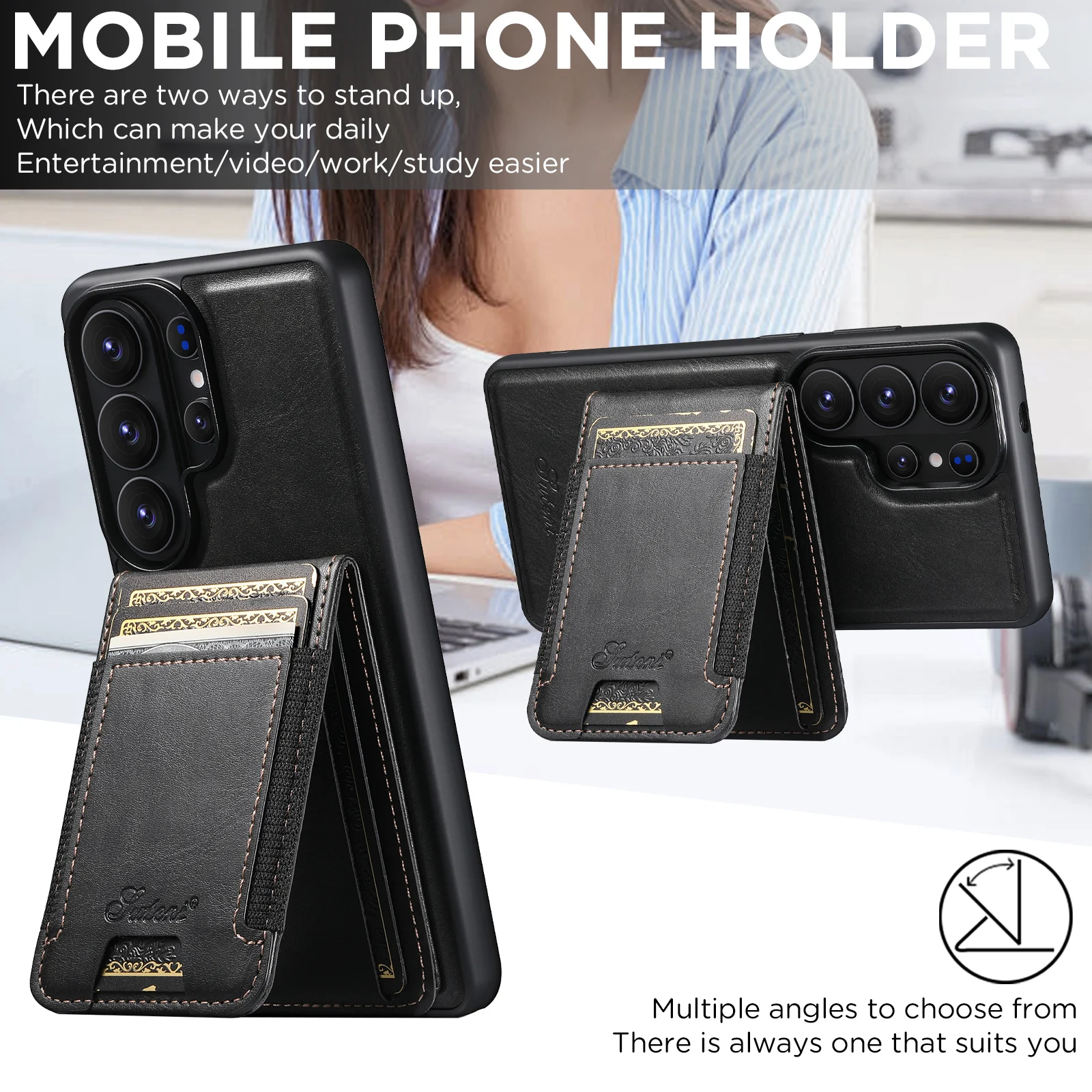 Magnetic Leather Wallet Case with Card Holder and Stand
