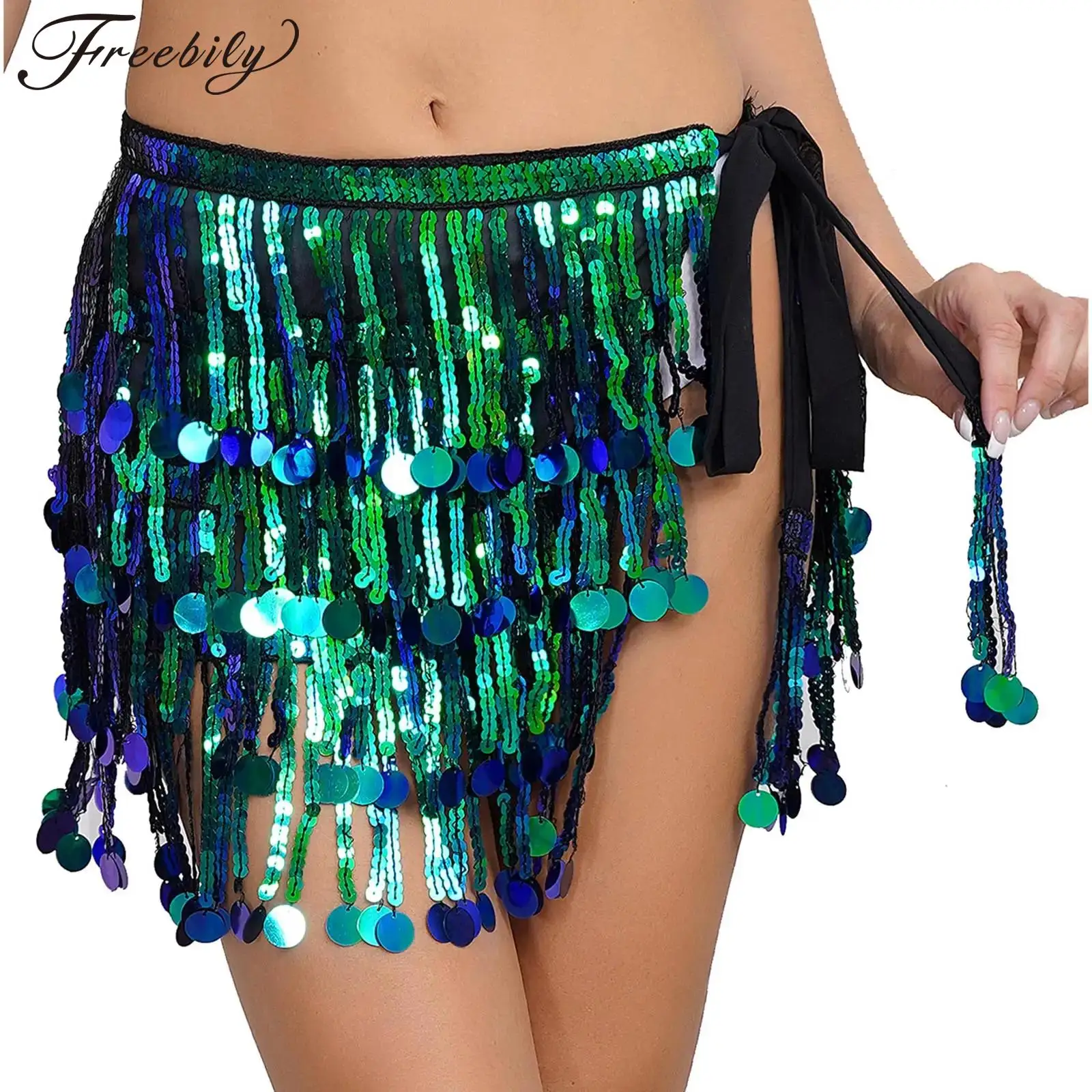 

Женская пикантная юбка для танца живота на Хэллоуин, блестящая юбка-шарф на шнуровке с бахромой и блестками, одежда для праздничных танцев и представлений