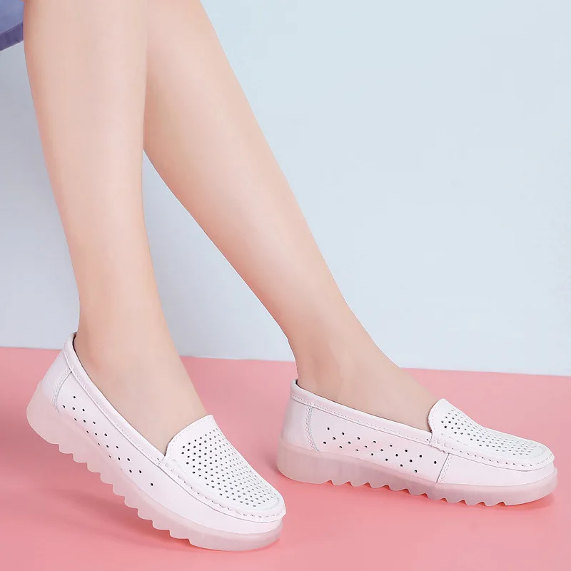 2024 Casual Concise White Breathable Genuine Leather Flats Platform Lady Loafers Shoes For Women Chaussure Femme Zapatos Mujer
