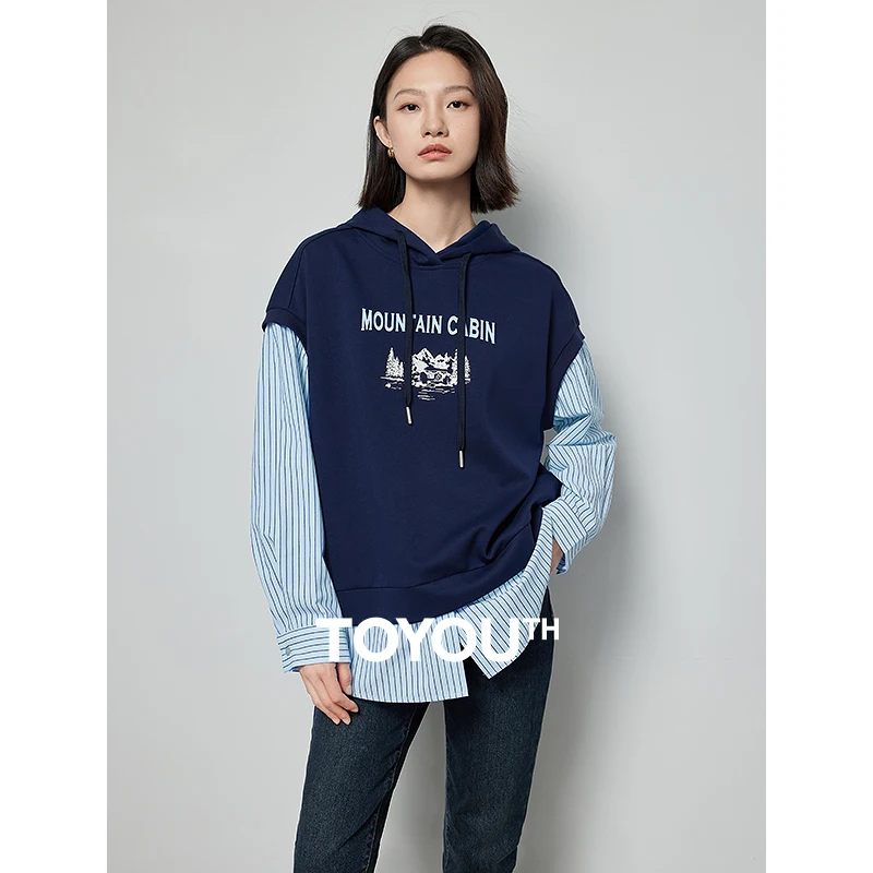 

TOYOUTH Women Fake Two Piece Sweatshirt 2024 Spring New Patchwork Striped Contrast Color Long Sleeve Hooded Casual Outwear Tops