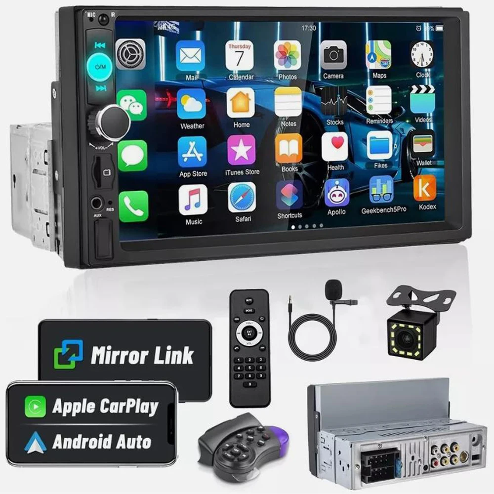 Autoradio tactile 7 pouces 1DIN de qualité supérieure avec télécommande et caméra pour Apple/Android CarPlay Bluetooth