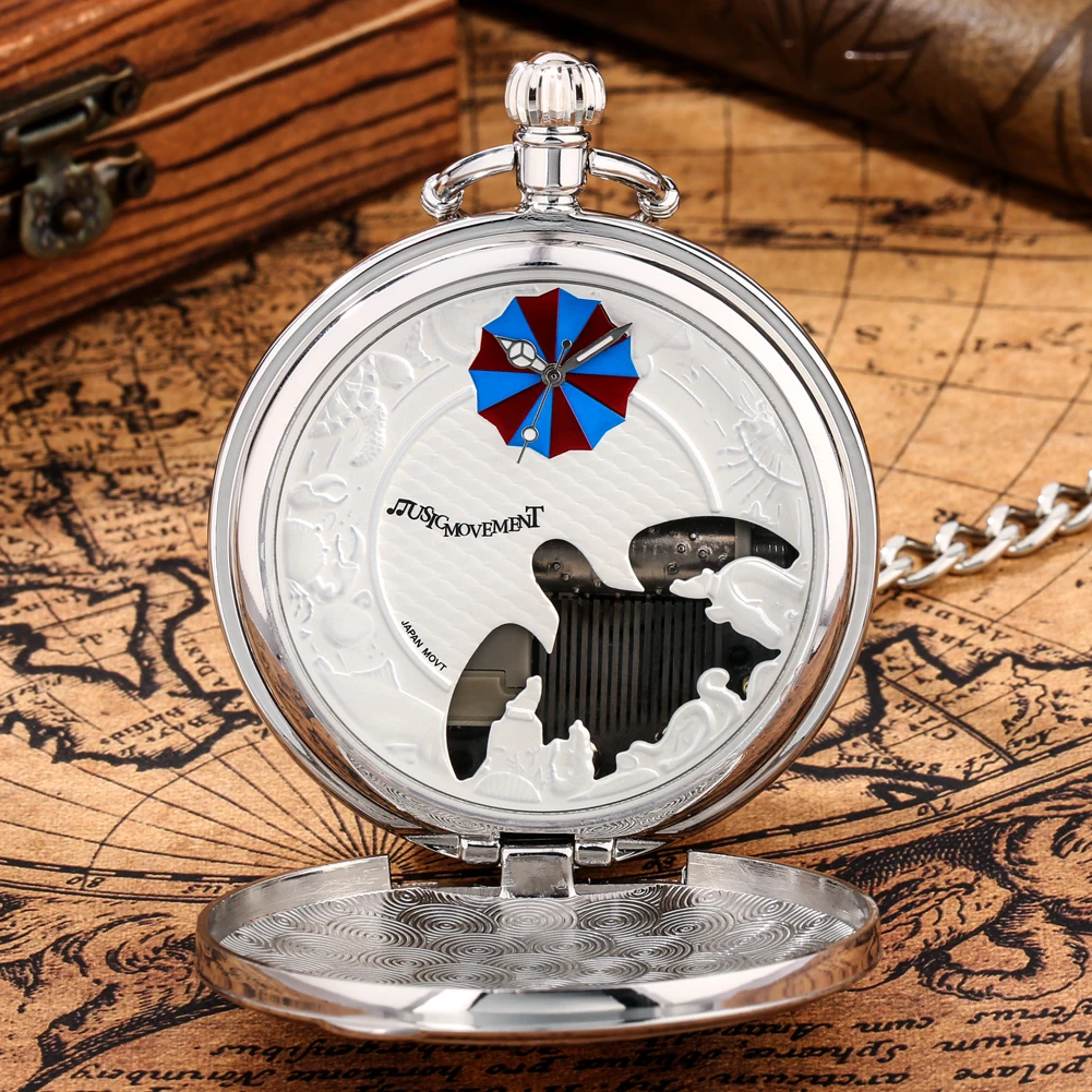 ZEZEFUFU Orologio Da Tasca Al Quarzo Con Treno Ferroviario, Movimento Musicale, Orologio Analogico Con Catena, Argento