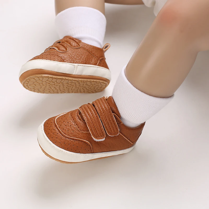 Baby Shoes 0 to 18 Month for Toddler Boys and Girls Baby Sneaker Soft PU Leather Brown Rubber Sole Non-Slip Casual Shoes