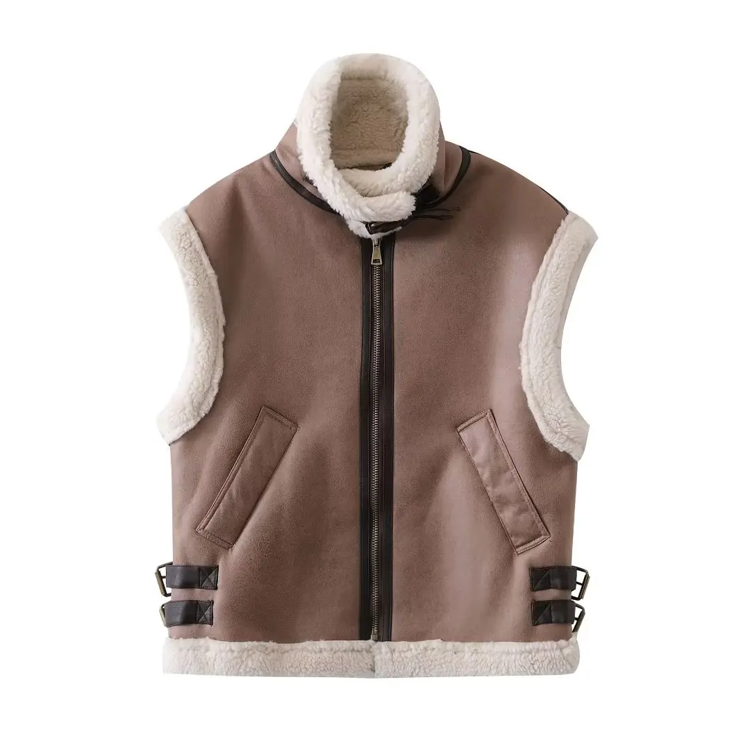 

Women's 2023 Winter Fashion Zipper Warm Motorcycle Fur One Vest Lapel Parker Coat Retro Sleeveless Women's Coat Chic Top.