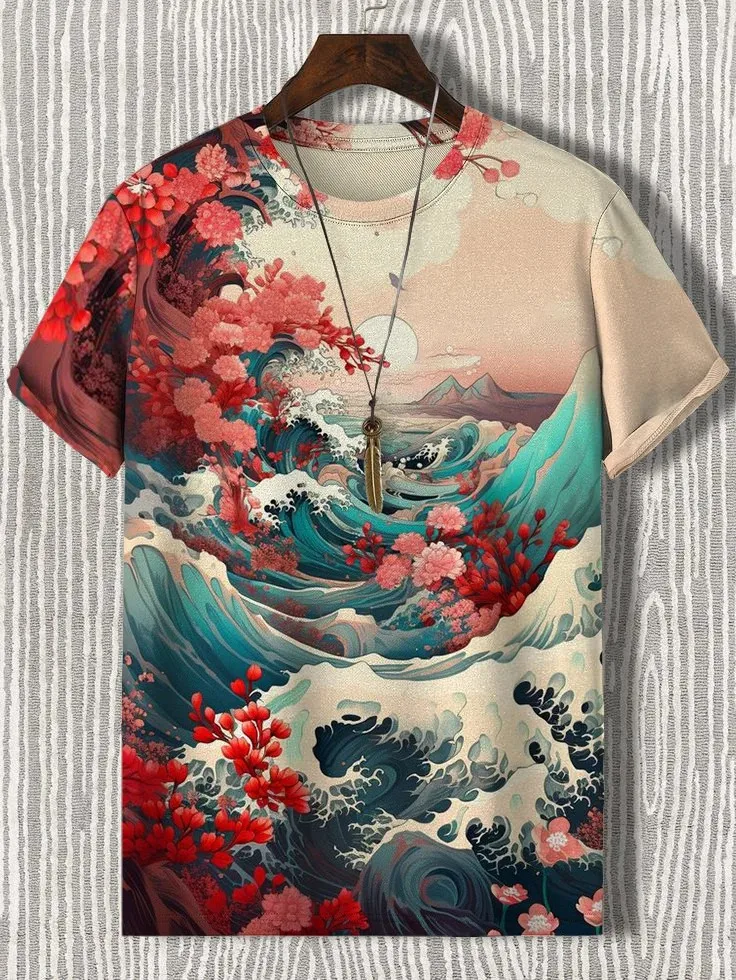 Mens Summer Casual Ukiyo-e Print Short Sleeve T Shirt