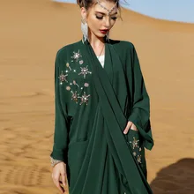 

Ramadan Eid Open Abaya Kimono Handsewn Diamonds Halter Caftan Muslim Dress with Pockets Dubai Saudi Islam Turkish Modest Outwear