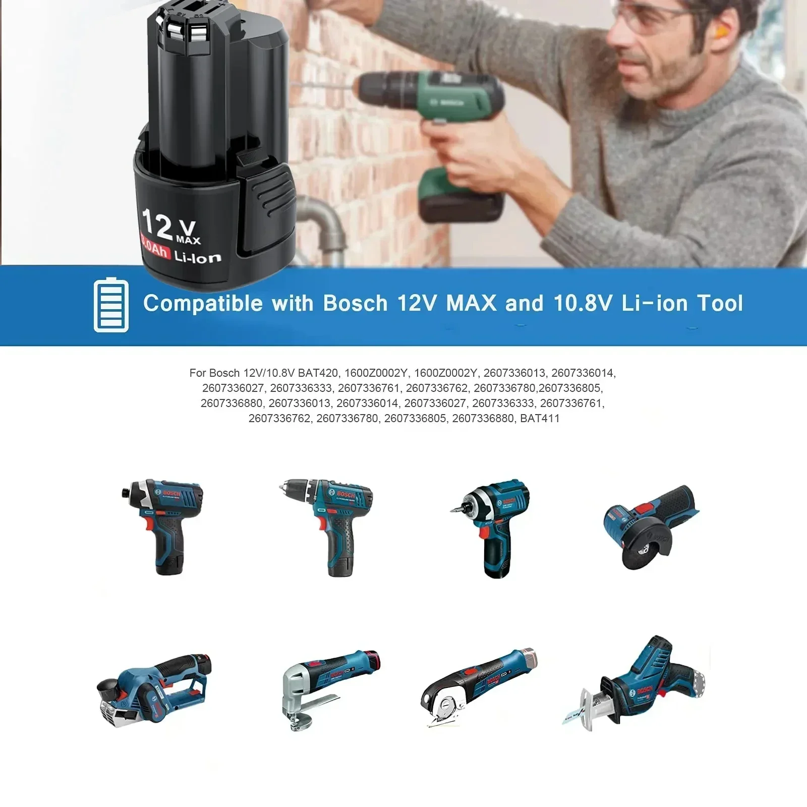 For Bosch 3000mAh 12V BAT411 Replacement Battery for BOSCH BAT411 BAT412A BAT413A D-70745GOP 2607336013 2607336014 PS20-2 - Image 6