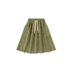 Pre-Order Washed Green Denim Fringe Collection: Kids' Fashion Cotton Apparel - 4-5 (Knee length skirt)