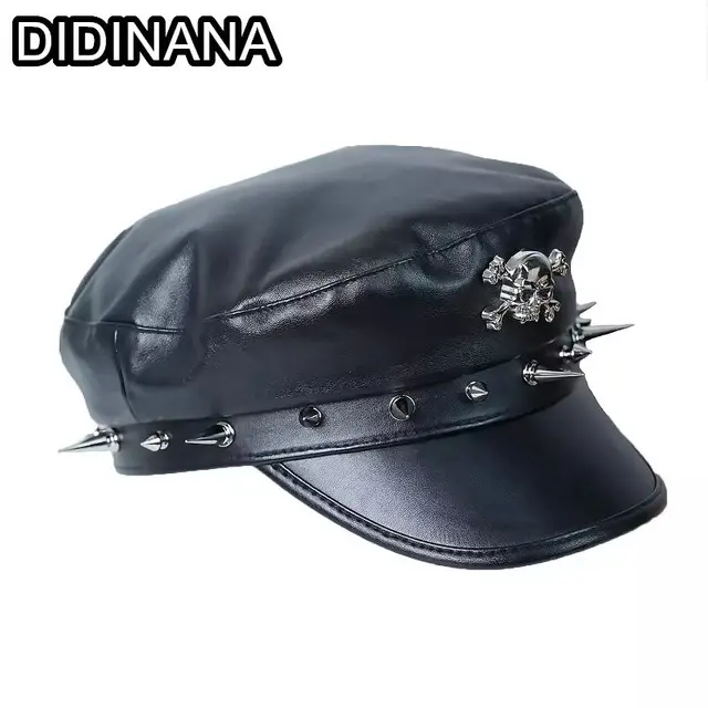 Disfraz De Kpop Y2K Punk PU Leather Beret Hat - Gothic Skull Rivet
