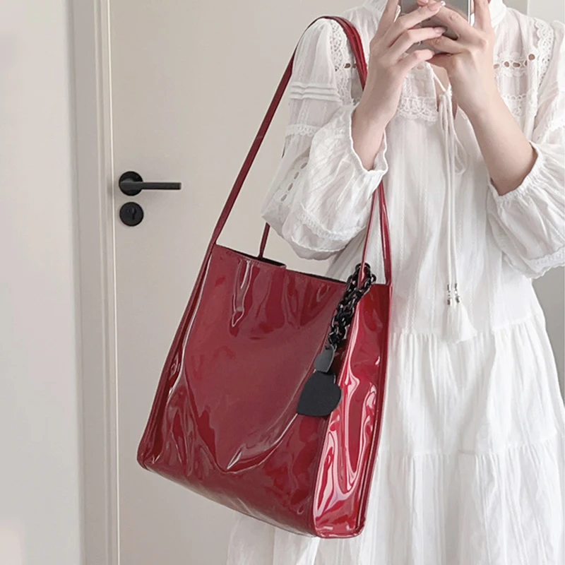 Fashion Patent Leather Women Shoulder Bags Vintage Female Casual Tote Handbags Large Capacity Ladies Shopping Bag