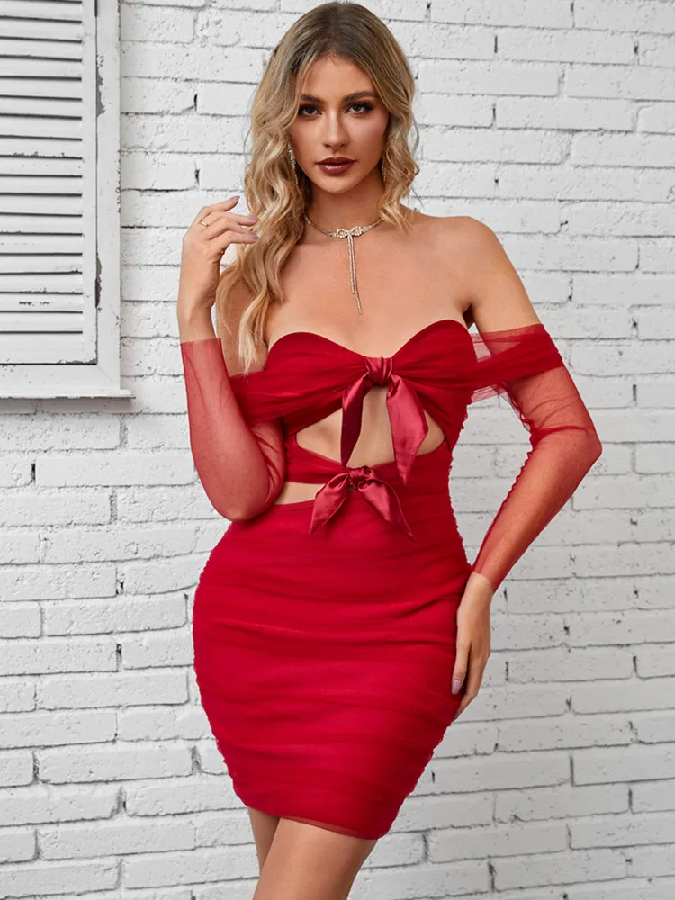 

Women Summer Sexy Off Shoulder Mesh Ruched Red Key Hole Mini Bodycon Bandage Dress 2023 Elegant Party Stage Performance Dress