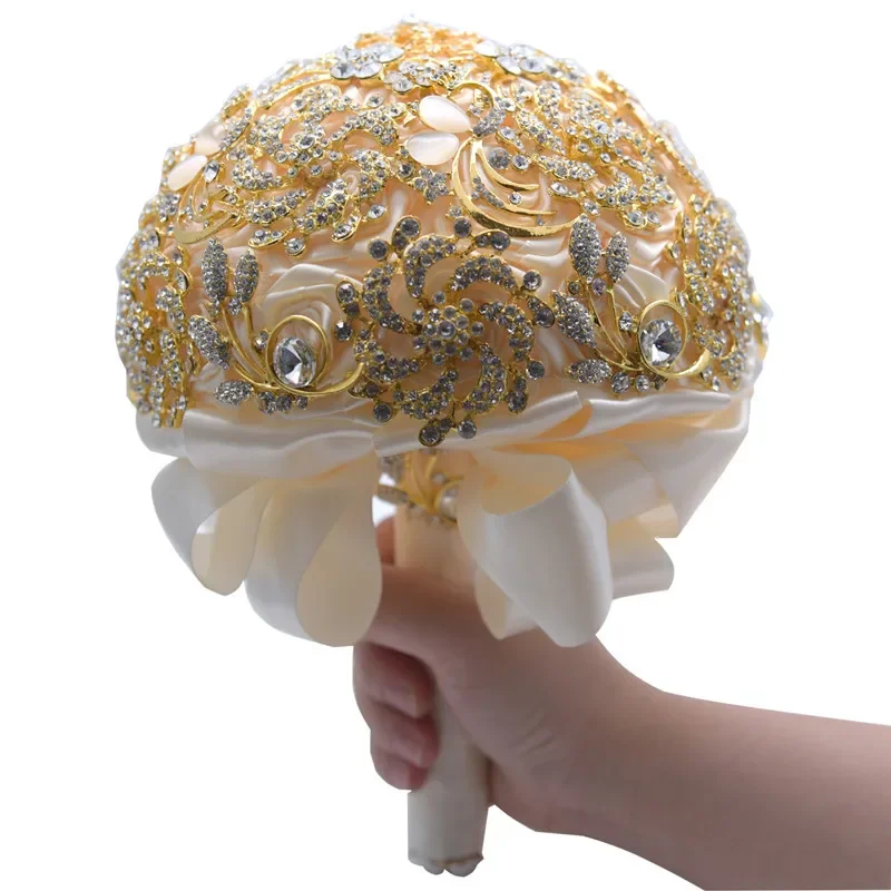 Wedding Golden Rhinestone High Quality Hand Bouquet Water Diamond Bride Holding Flowers Wedding Bridal bouquet Ribbon De Noiva