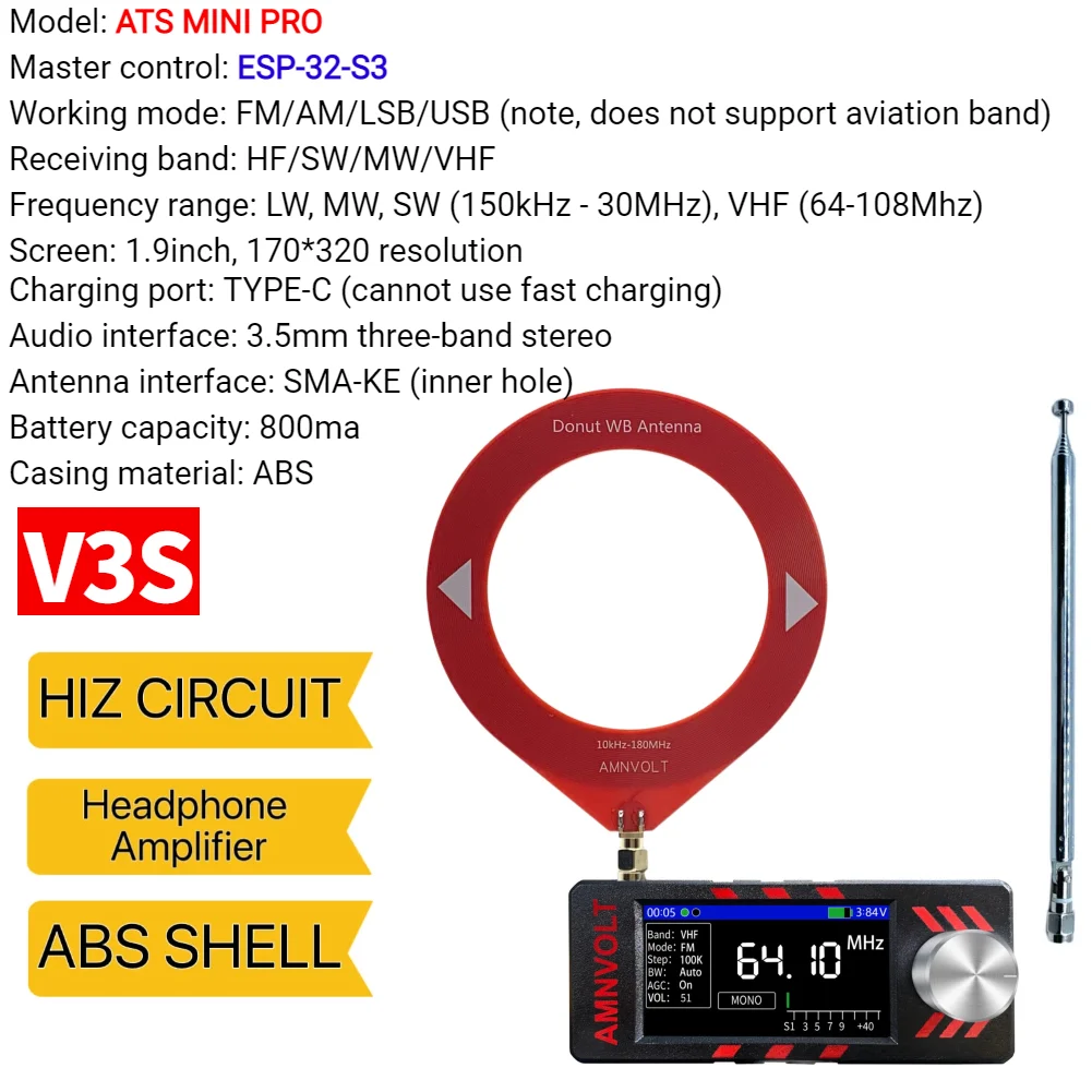 AMNVOLT V4/V3S ATS MINI SI4732 ポケットラジオ 全帯域DSPラジオ FM