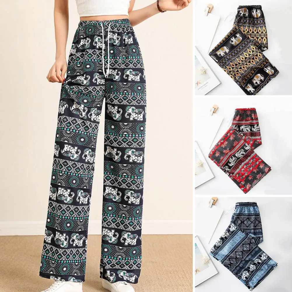 

Ethnic Style High Waist Women Pants Elastic Waistband Drawstring Retro Elephant Print Straight Wide Leg Pants Female Clothing