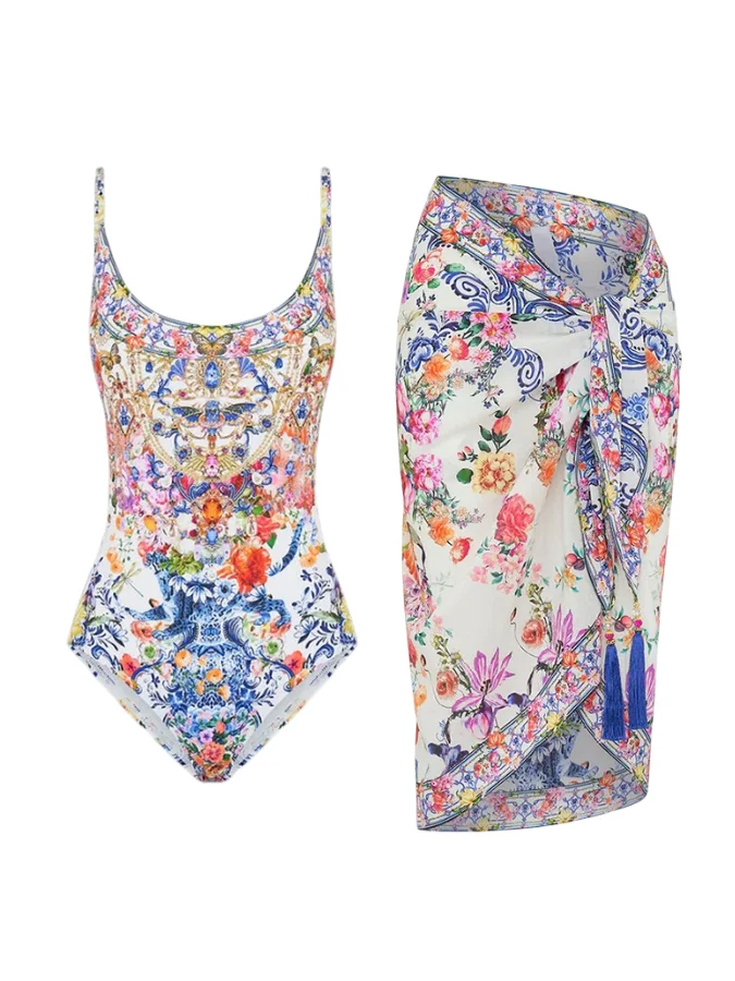 Color Contrast Women's Bikini Fashion Trend Flower Print Swimsuit Set Designer New Beach Vacation Camping Swimwear And Cover-Up