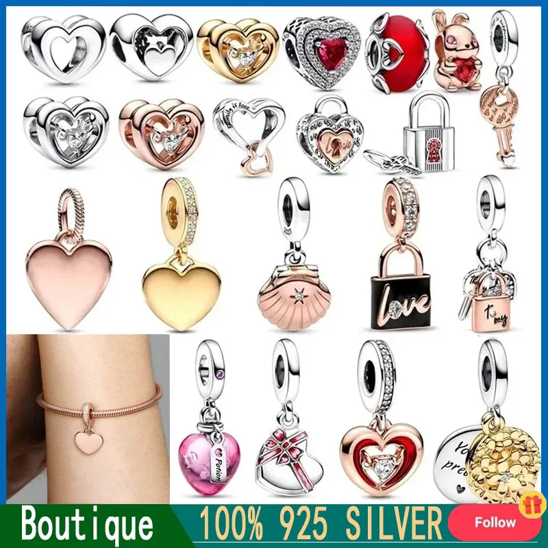 2023 New Women's Beaded 925 Sterling Silver Shining Heart shaped Padlock String Decoration Original LOGO DIY Charming Jewelry