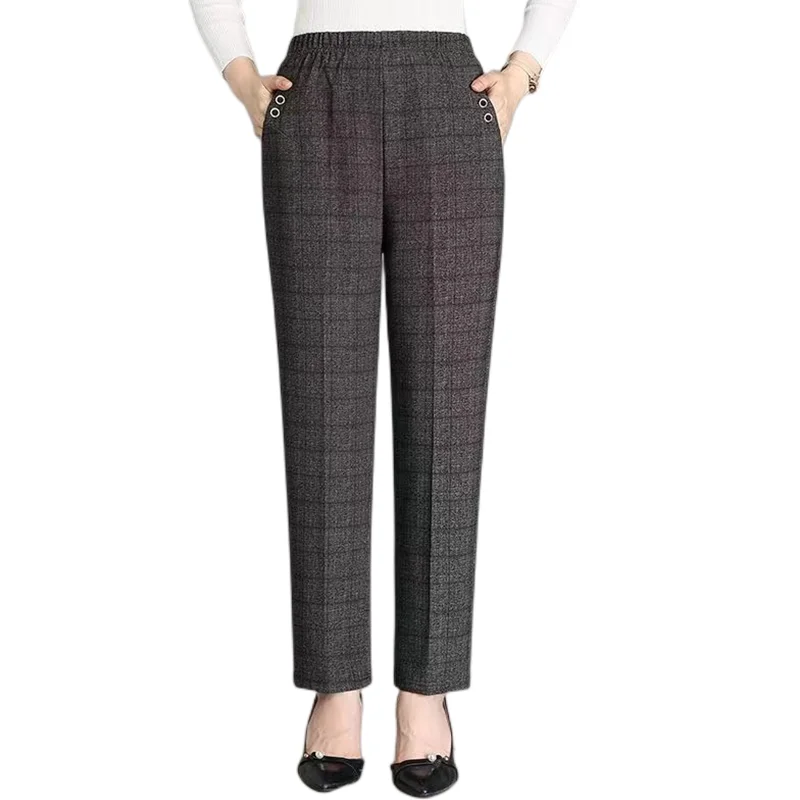 High Waist Straight Leg Casual Pants for Middle-Aged And ly Women Fce Lined Loose Fit Plaid Patterned Mom Pants